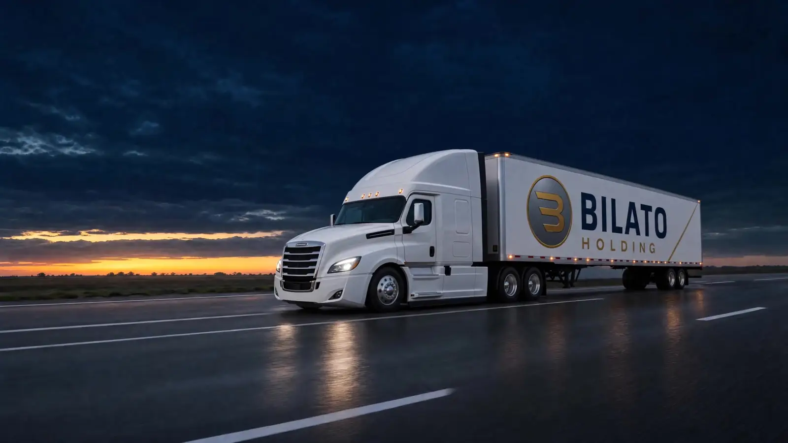 Illustration: a white 2027 semi truck with a BILATO HOLDING dry van trailer on an interstate at dusk